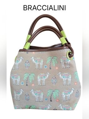 BRACCIALINI Made In Italy Beige Camel Print Tote with Brown Handles